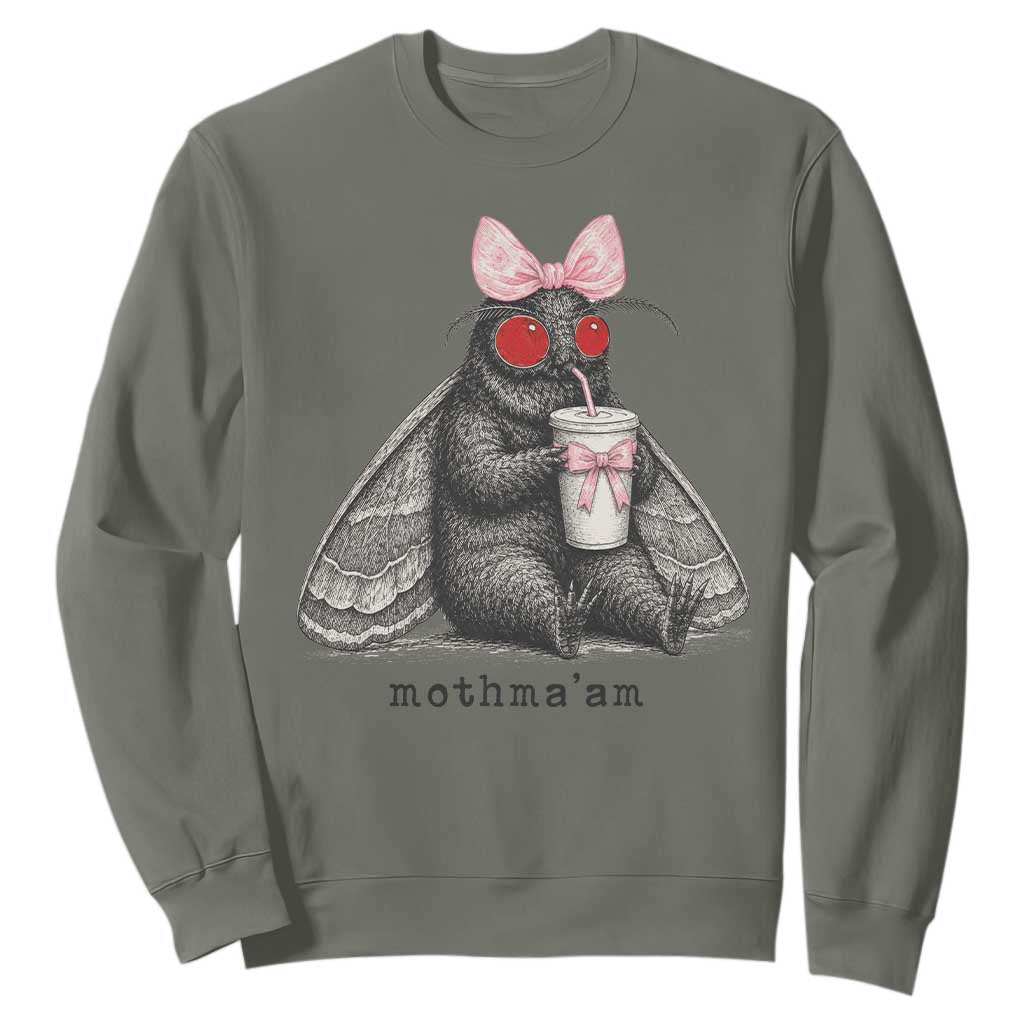 Funny Mothman Mothma'am Cute Pink Bow Coquette Sweatshirt TS11 Military Green Print Your Wear