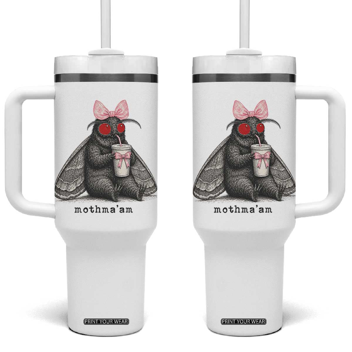 Funny Mothman Mothma'am Cute Pink Bow Coquette Tumbler With Handle TS11 One Size: 40 oz White Print Your Wear