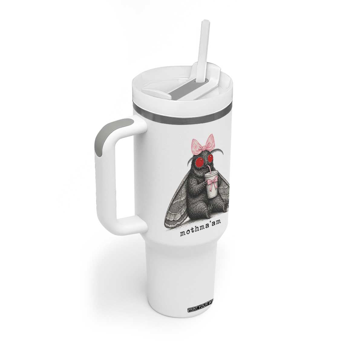 Funny Mothman Mothma'am Cute Pink Bow Coquette Tumbler With Handle TS11 Print Your Wear