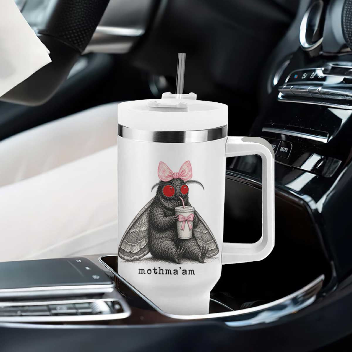 Funny Mothman Mothma'am Cute Pink Bow Coquette Tumbler With Handle TS11 Print Your Wear