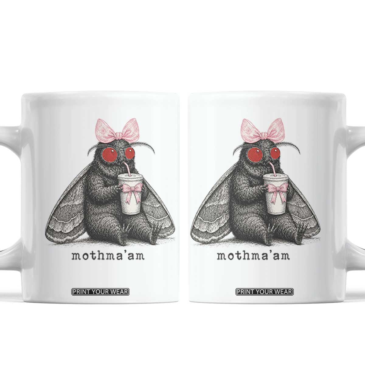 Funny Mothman Mothma'am Cute Pink Bow Coquette Coffee Mug TS11 White Print Your Wear