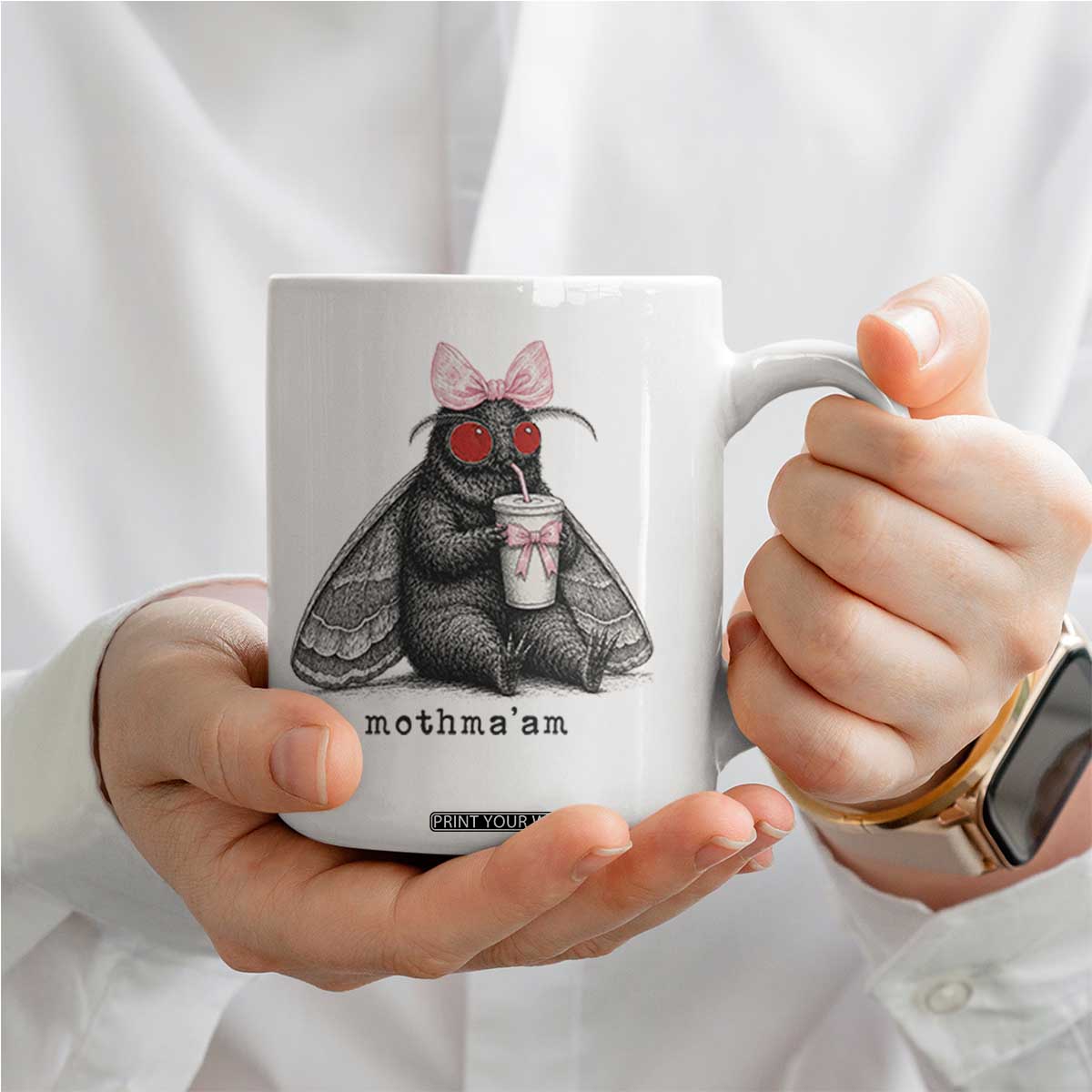 Funny Mothman Mothma'am Cute Pink Bow Coquette Coffee Mug TS11 Print Your Wear