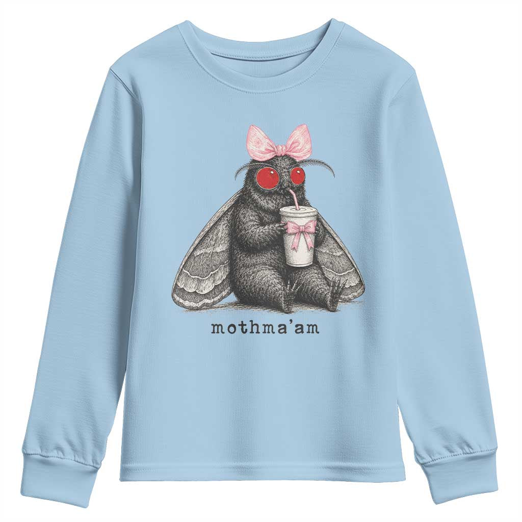 Funny Mothman Mothma'am Cute Pink Bow Coquette Youth Sweatshirt TS11 Light Blue Print Your Wear