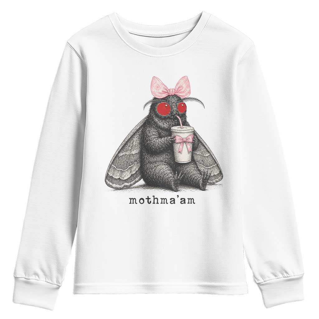 Funny Mothman Mothma'am Cute Pink Bow Coquette Youth Sweatshirt TS11 White Print Your Wear