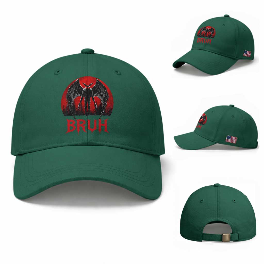 Funny Bruh Mothman Baseball Cap Cryptozoology Cryptid Humor Weirdcore Horror Moon TS11 Baseball Cap Universal Fit Irish Green Print Your Wear