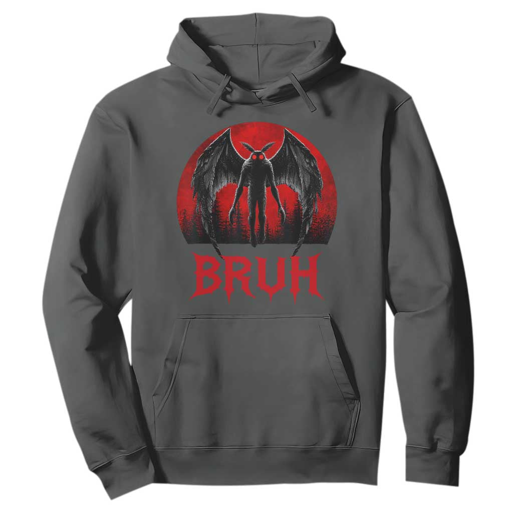 Funny Bruh Mothman Hoodie Cryptozoology Cryptid Humor Weirdcore Horror Moon TS11 Dark Heather Print Your Wear