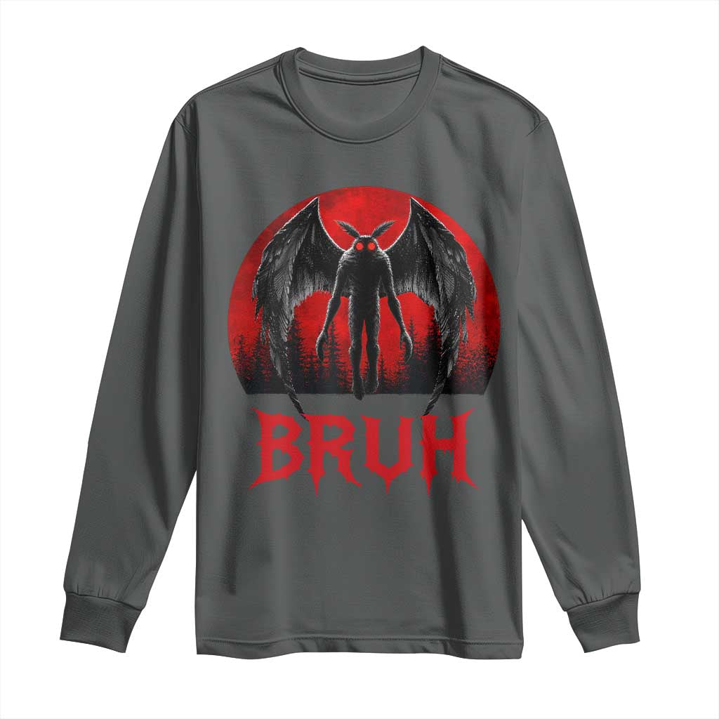 Funny Bruh Mothman Long Sleeve Shirt Cryptozoology Cryptid Humor Weirdcore Horror Moon TS11 Dark Heather Print Your Wear