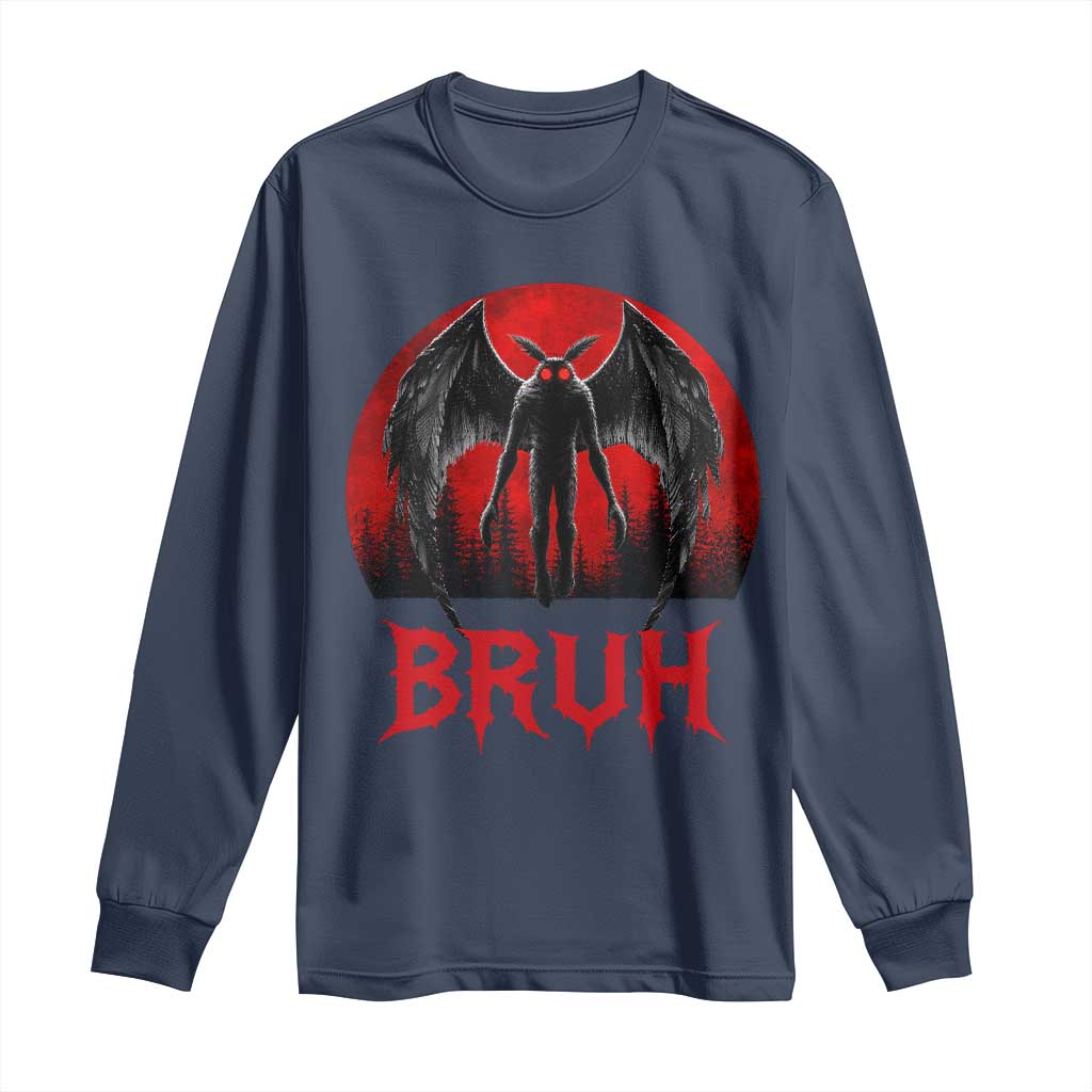 Funny Bruh Mothman Long Sleeve Shirt Cryptozoology Cryptid Humor Weirdcore Horror Moon TS11 Navy Print Your Wear