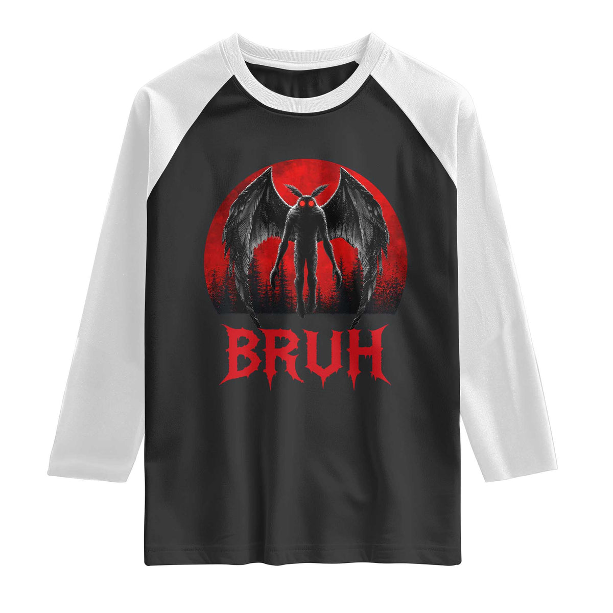 Funny Bruh Mothman Raglan Shirt Cryptozoology Cryptid Humor Weirdcore Horror Moon TS11 Black White Print Your Wear