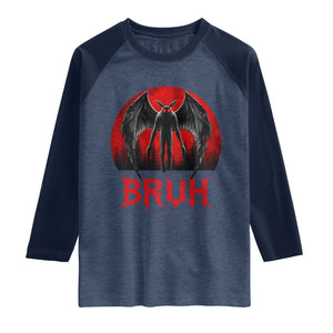 Funny Bruh Mothman Raglan Shirt Cryptozoology Cryptid Humor Weirdcore Horror Moon TS11 Heather Denim Navy Print Your Wear