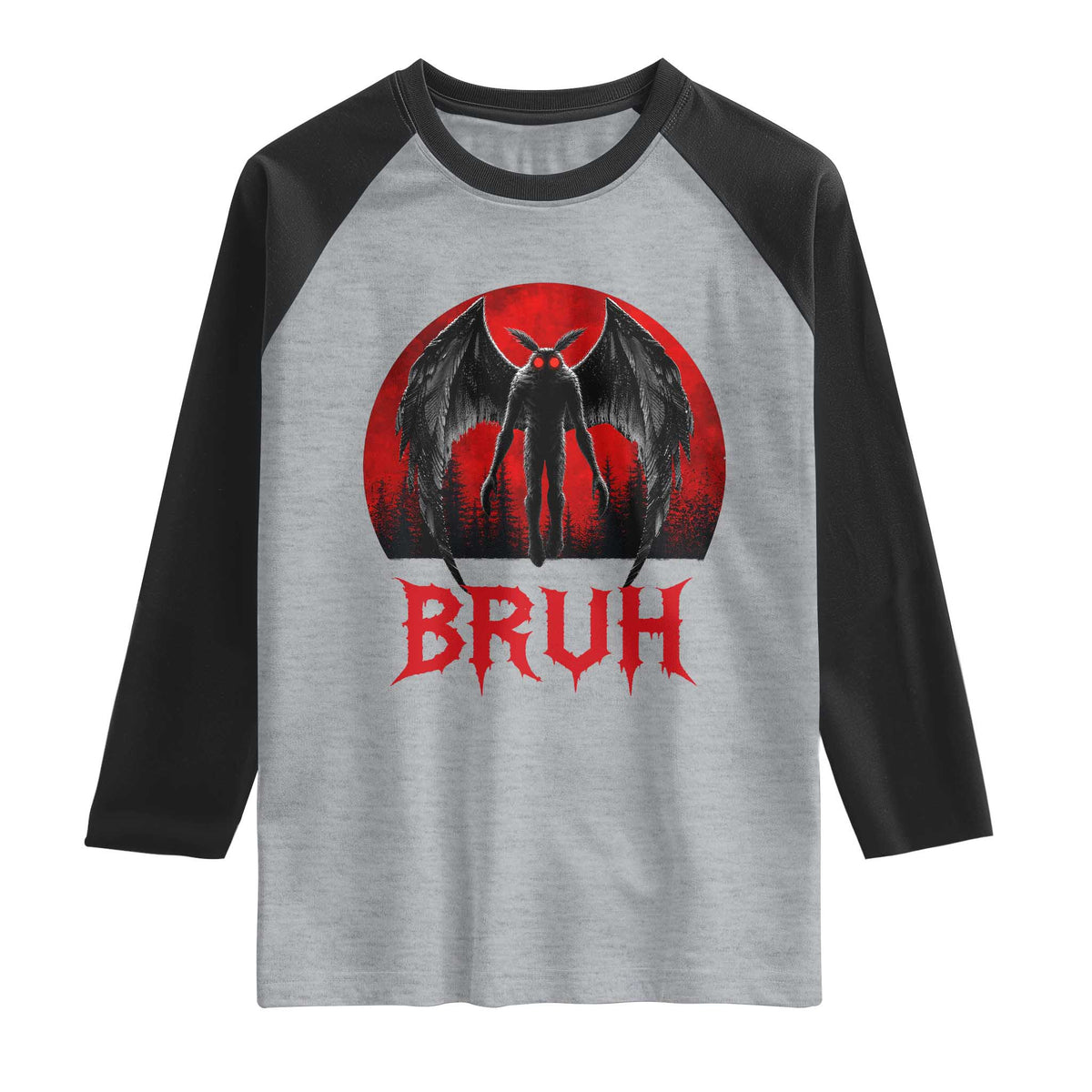 Funny Bruh Mothman Raglan Shirt Cryptozoology Cryptid Humor Weirdcore Horror Moon TS11 Heather Gray Black Print Your Wear