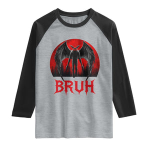Funny Bruh Mothman Raglan Shirt Cryptozoology Cryptid Humor Weirdcore Horror Moon TS11 Heather Gray Black Print Your Wear