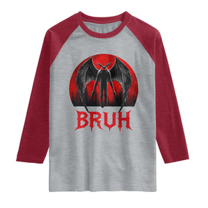 Funny Bruh Mothman Raglan Shirt Cryptozoology Cryptid Humor Weirdcore Horror Moon TS11 Heather Gray Heather Red Print Your Wear