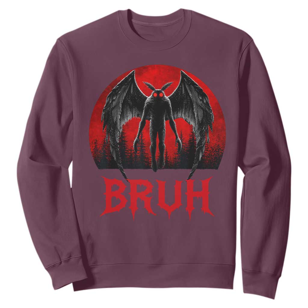 Funny Bruh Mothman Sweatshirt Cryptozoology Cryptid Humor Weirdcore Horror Moon TS11 Maroon Print Your Wear