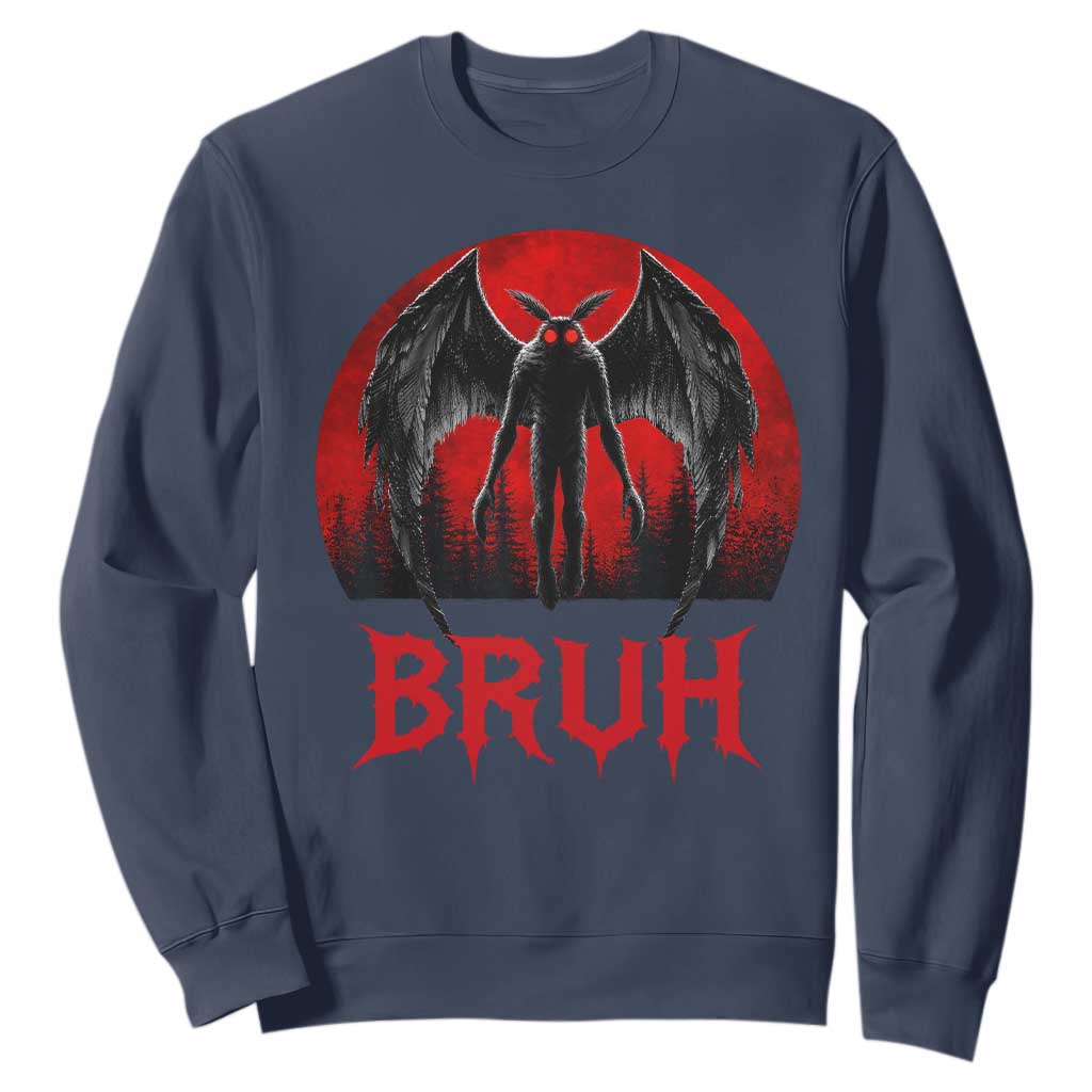 Funny Bruh Mothman Sweatshirt Cryptozoology Cryptid Humor Weirdcore Horror Moon TS11 Navy Print Your Wear