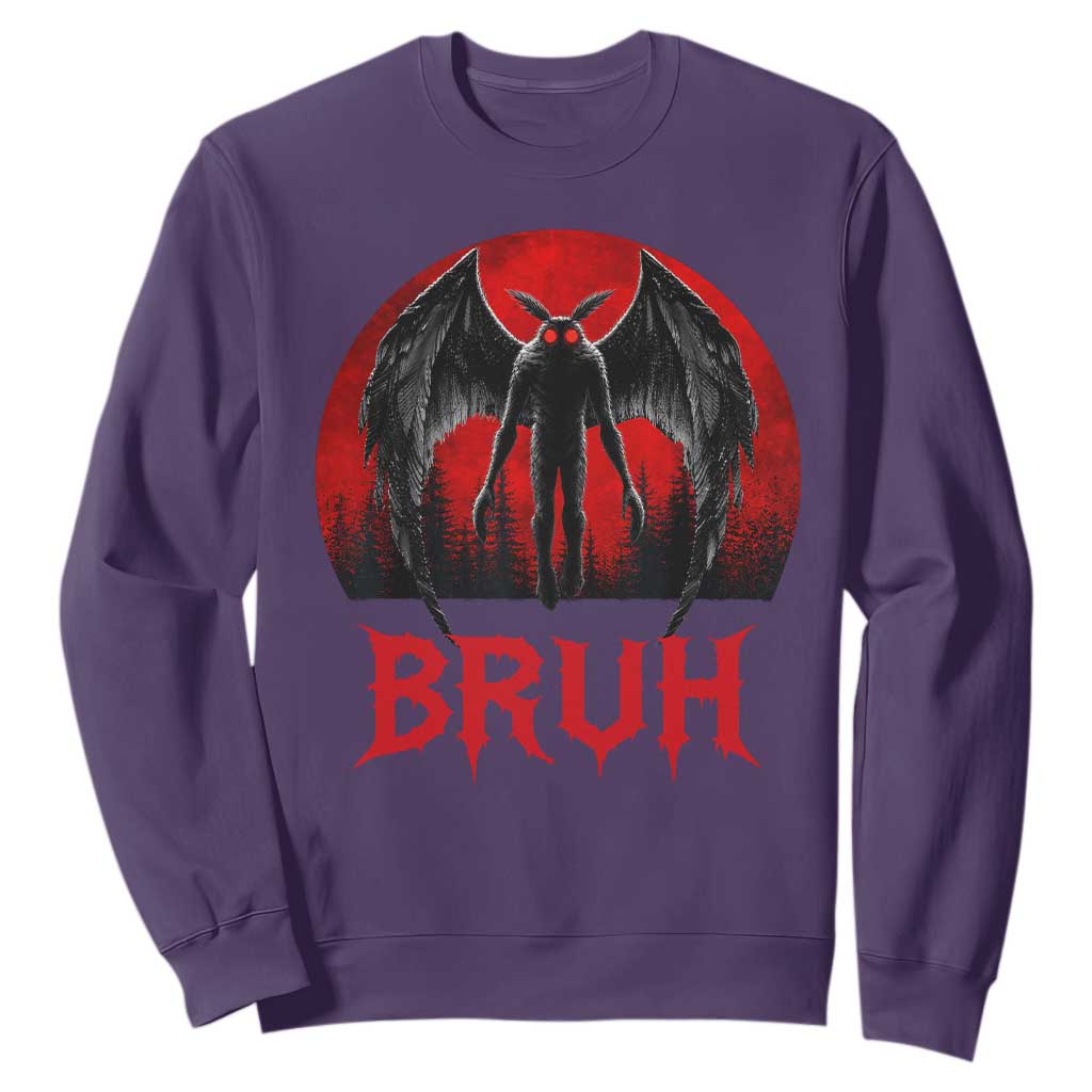 Funny Bruh Mothman Sweatshirt Cryptozoology Cryptid Humor Weirdcore Horror Moon TS11 Purple Print Your Wear