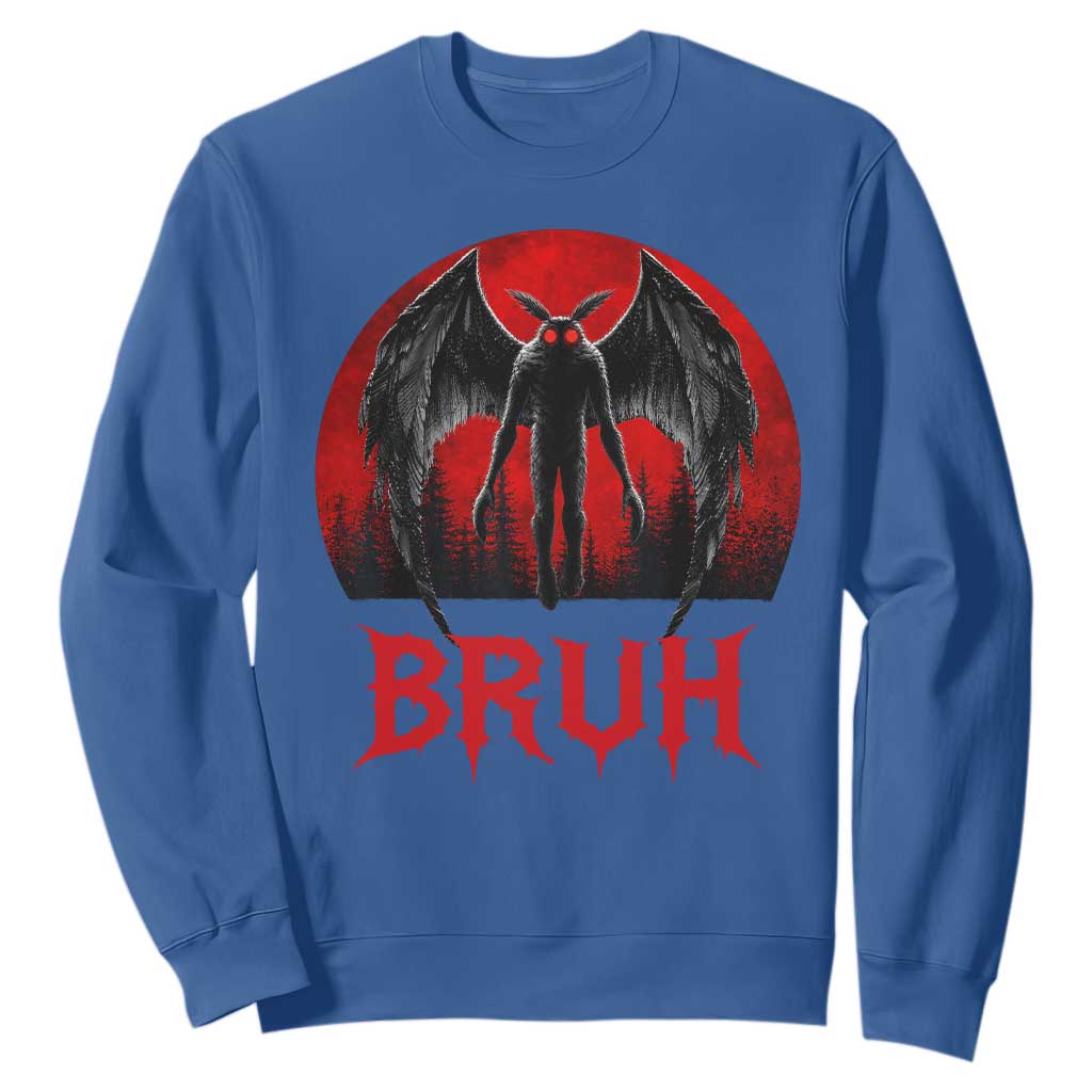 Funny Bruh Mothman Sweatshirt Cryptozoology Cryptid Humor Weirdcore Horror Moon TS11 Royal Blue Print Your Wear