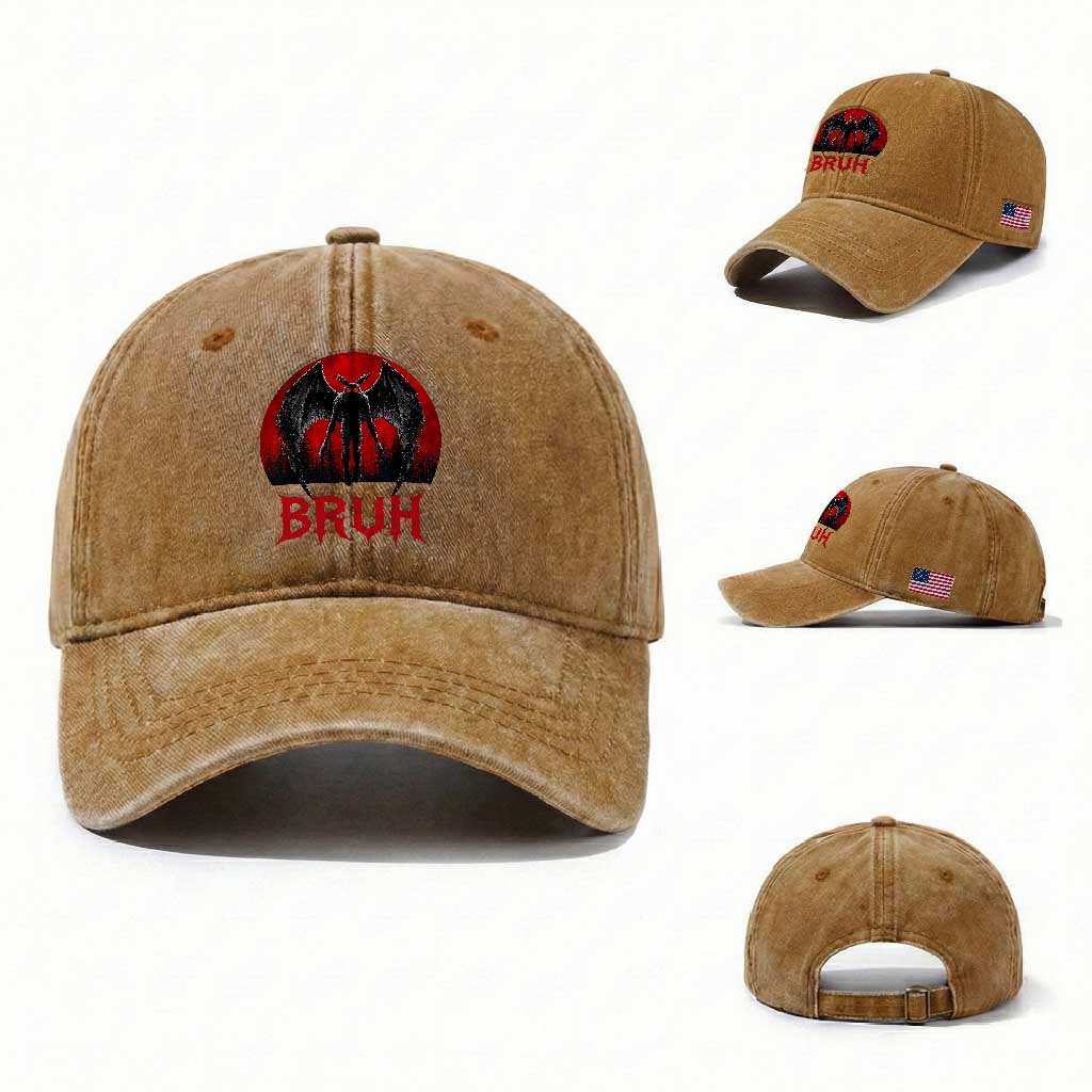 Funny Bruh Mothman Washed Cotton Baseball Cap Cryptozoology Cryptid Humor Weirdcore Horror Moon TS11 Washed Cap Universal Fit Yellow Ochre Print Your Wear