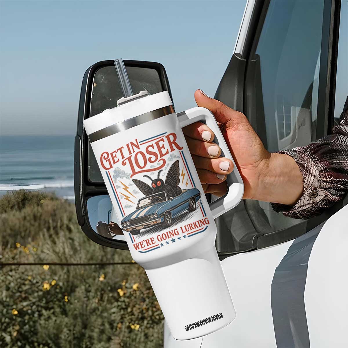 Funny Mothman Tumbler With Handle Get In Loser We Are Going Lurking Cryptid Lover TS11 Print Your Wear