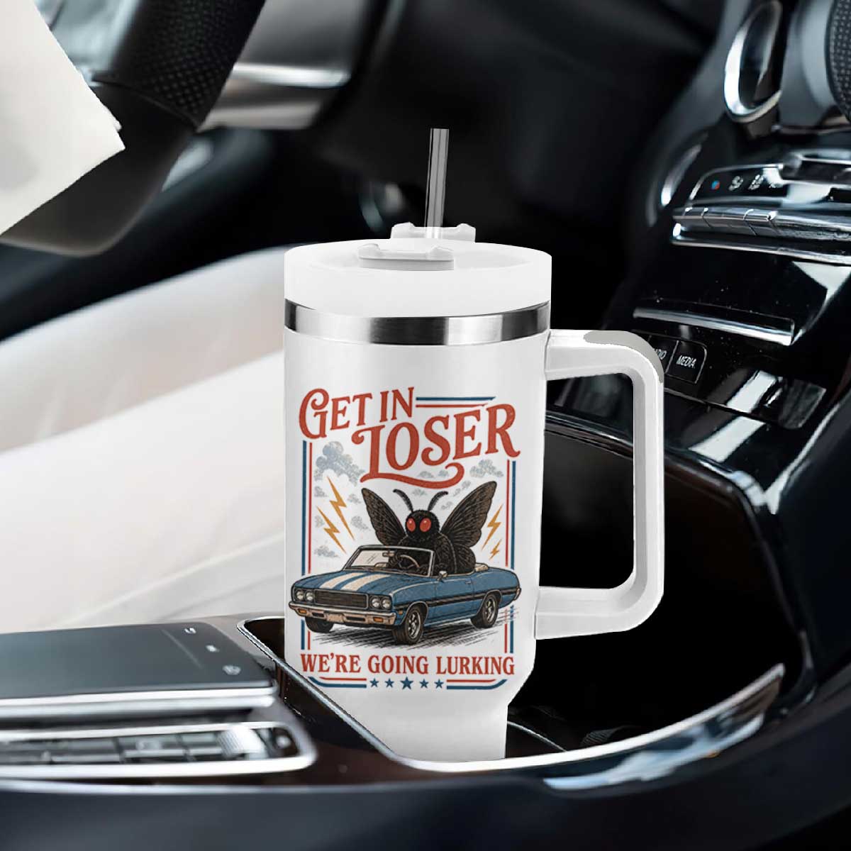 Funny Mothman Tumbler With Handle Get In Loser We Are Going Lurking Cryptid Lover TS11 Print Your Wear