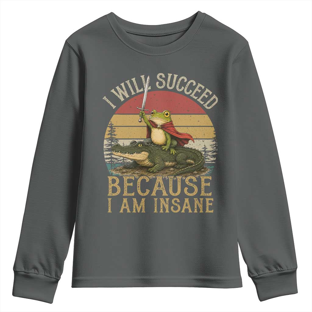I Will Succeed Because I Am Insane Funny Frog Riding Alligator Youth Sweatshirt TS11 Dark Heather Print Your Wear