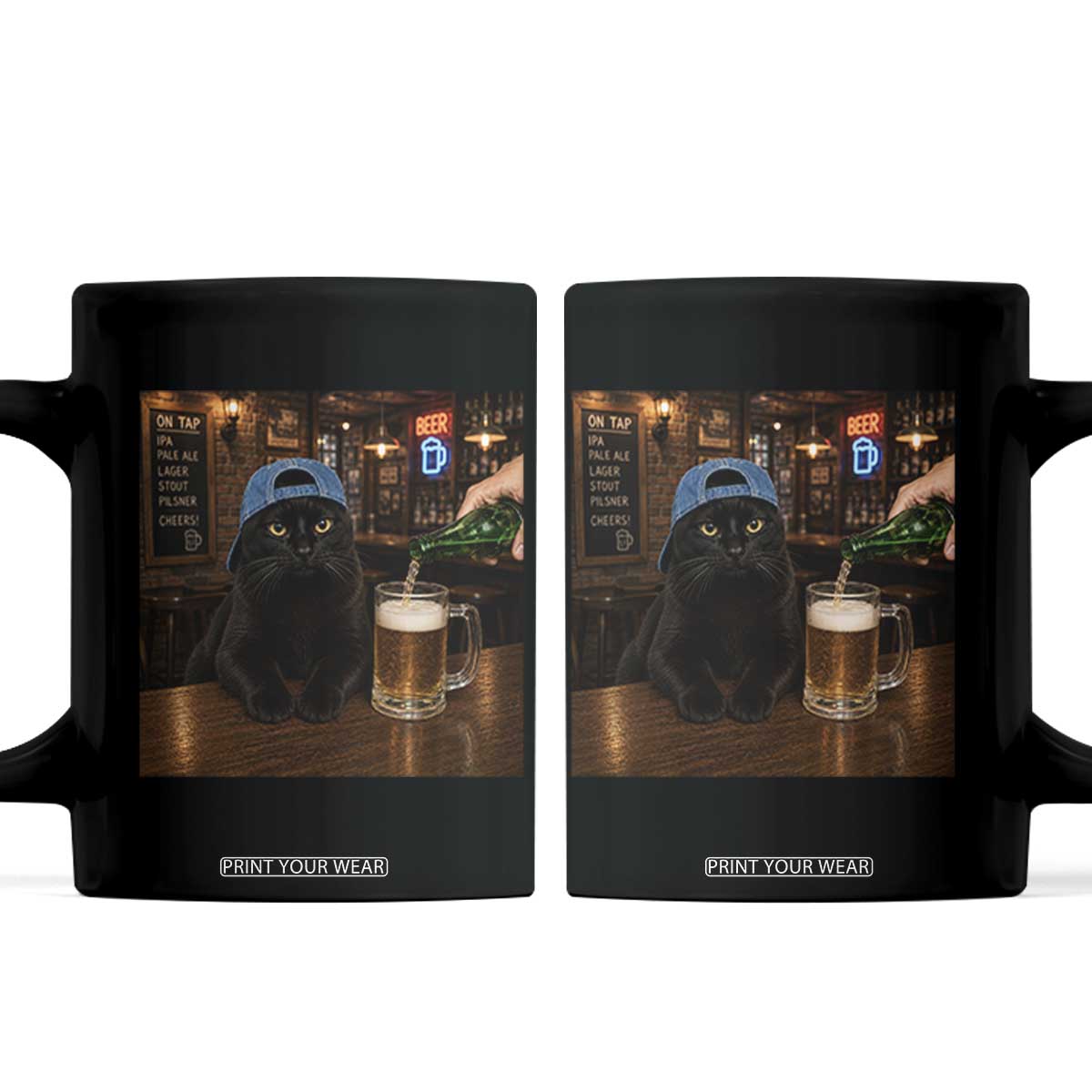 Black Cat Drinking Beer Funny Kitten Meme Coffee Mug