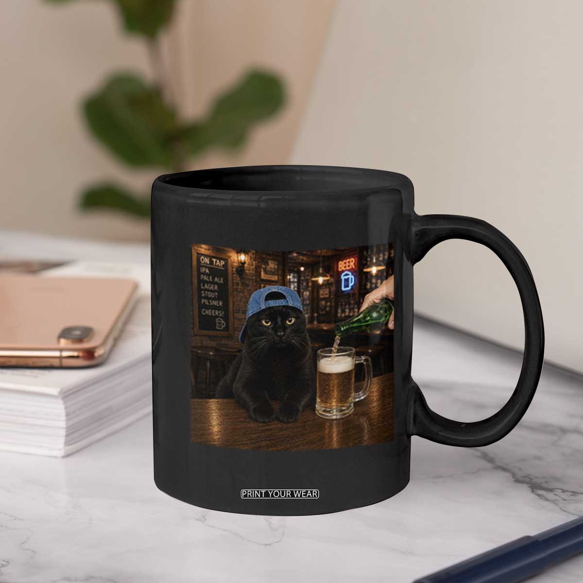 Black Cat Drinking Beer Funny Kitten Meme Coffee Mug
