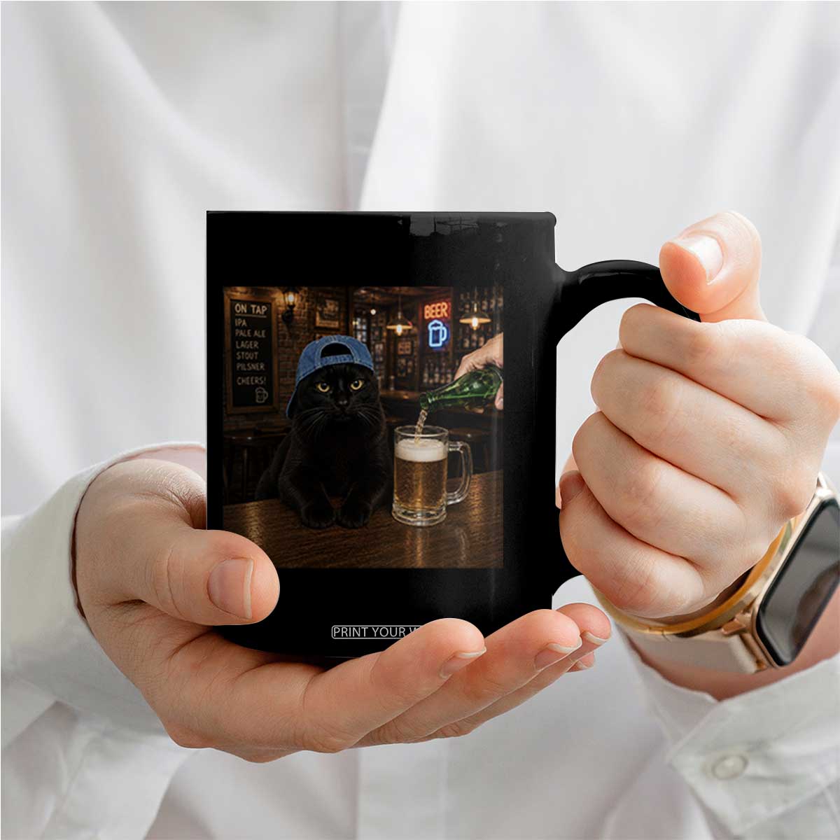 Black Cat Drinking Beer Funny Kitten Meme Coffee Mug