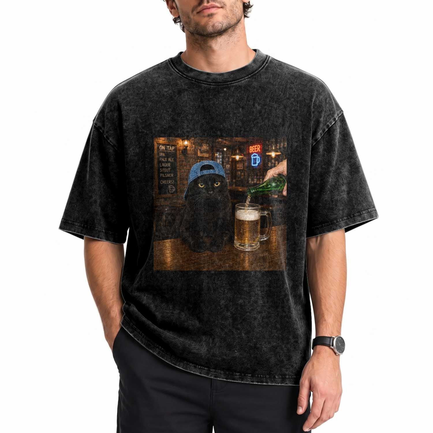 Black Cat Drinking Beer Funny Kitten Meme Washed Cotton T-Shirt