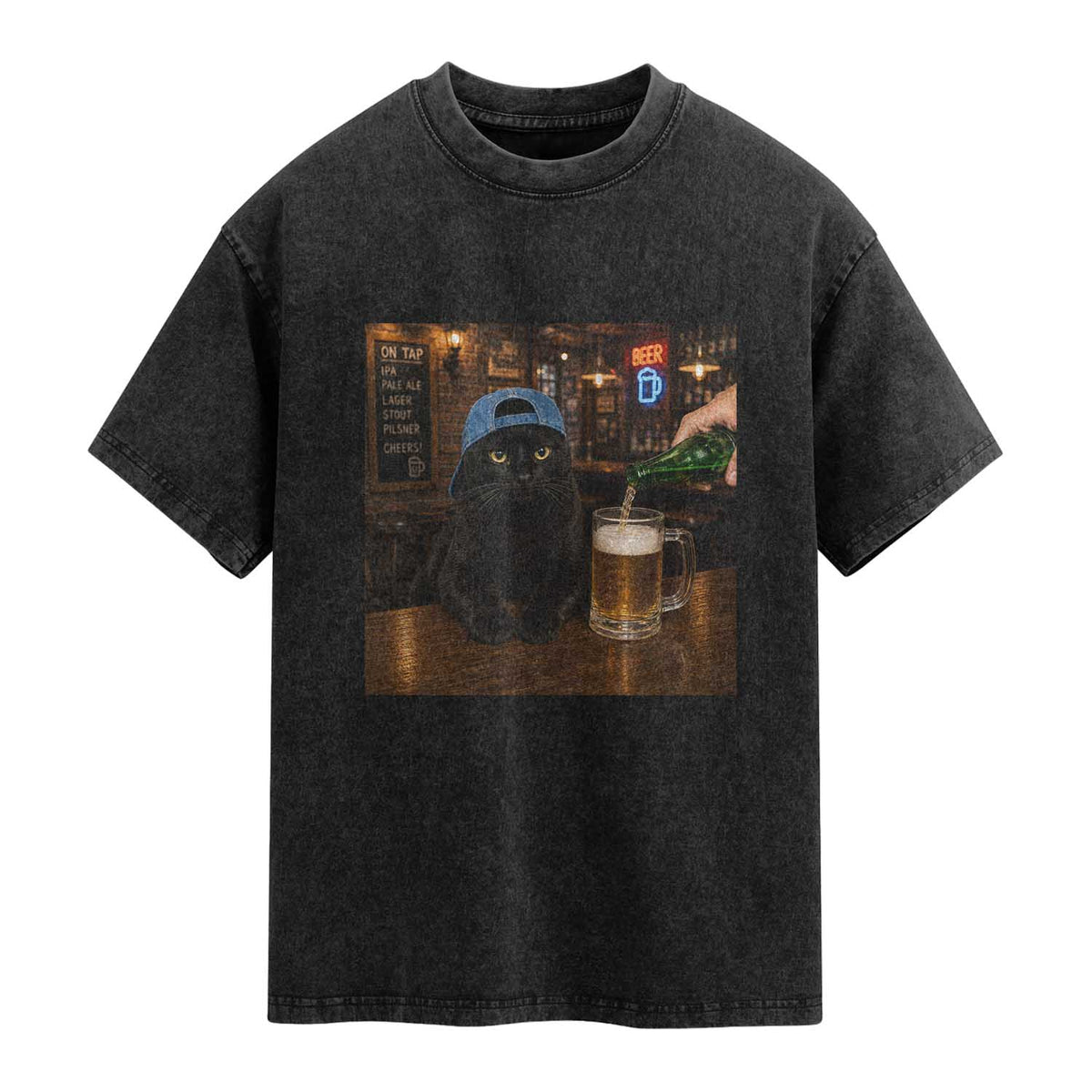 Black Cat Drinking Beer Funny Kitten Meme Washed Cotton T-Shirt