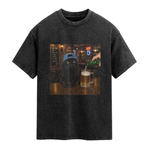 Black Cat Drinking Beer Funny Kitten Meme Washed Cotton T-Shirt