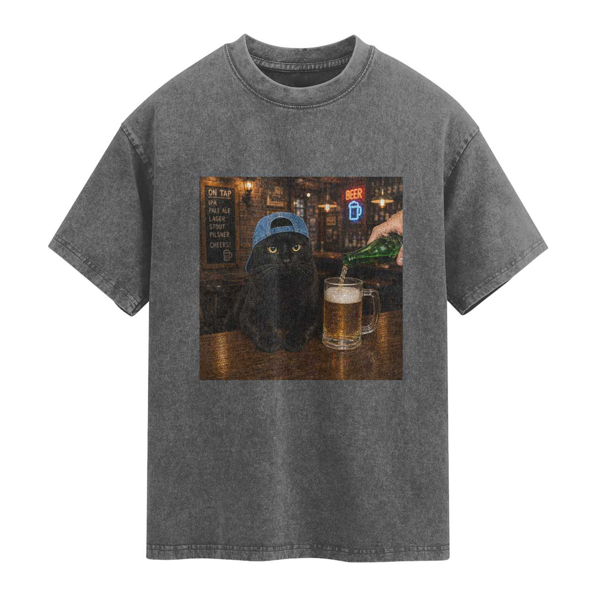 Black Cat Drinking Beer Funny Kitten Meme Washed Cotton T-Shirt