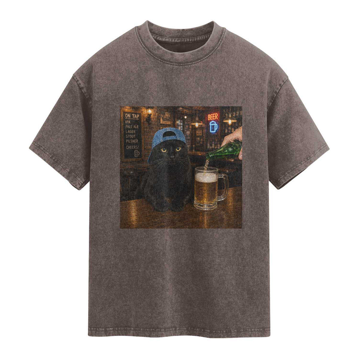 Black Cat Drinking Beer Funny Kitten Meme Washed Cotton T-Shirt