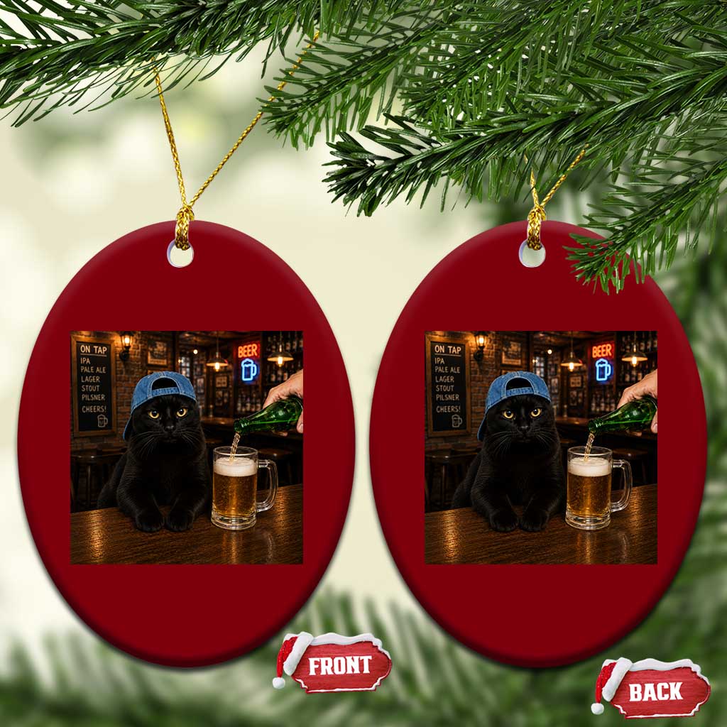 Black Cat Drinking Beer Funny Kitten Meme Ceramic Ornament
