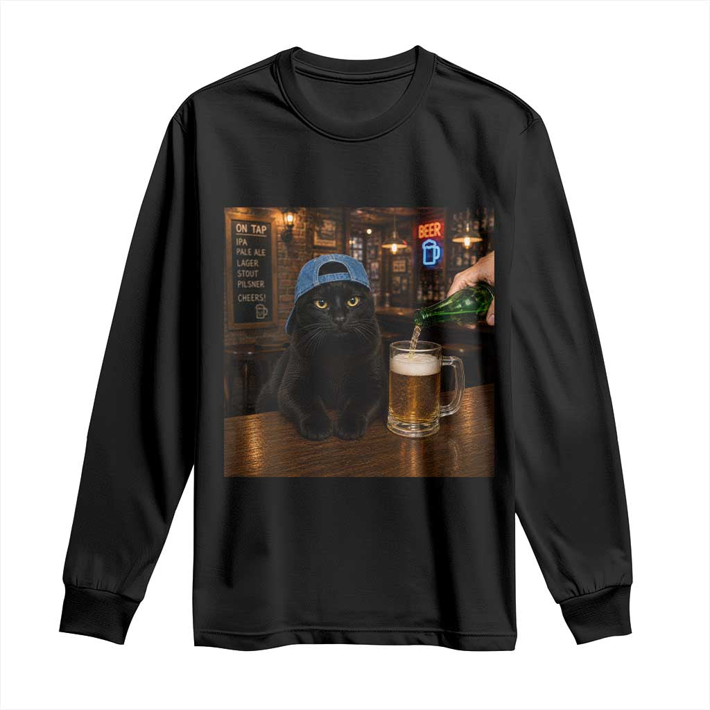 Black Cat Drinking Beer Funny Kitten Meme Long Sleeve Shirt