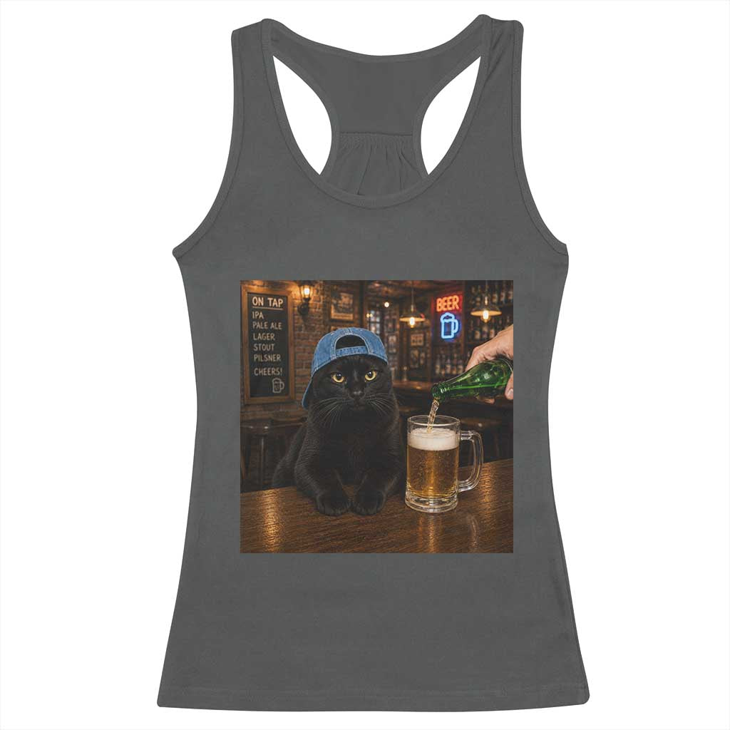 Black Cat Drinking Beer Funny Kitten Meme Racerback Tank Top