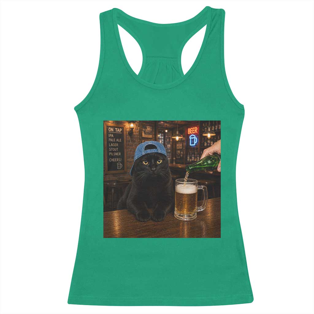 Black Cat Drinking Beer Funny Kitten Meme Racerback Tank Top