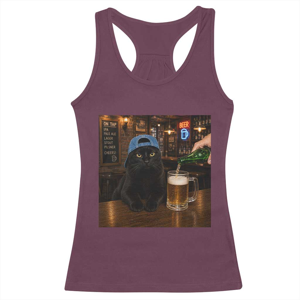 Black Cat Drinking Beer Funny Kitten Meme Racerback Tank Top