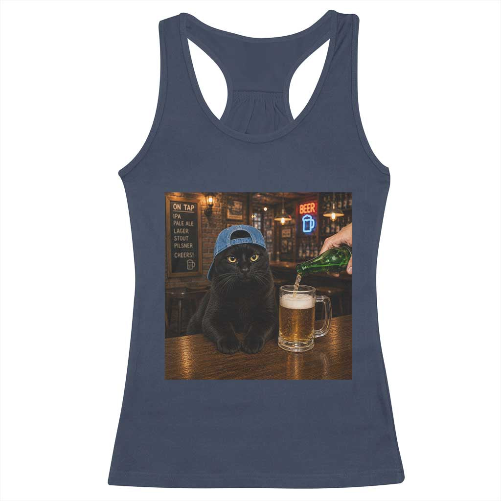 Black Cat Drinking Beer Funny Kitten Meme Racerback Tank Top