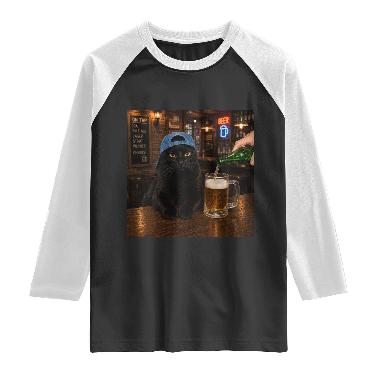 Black Cat Drinking Beer Funny Kitten Meme Raglan Shirt