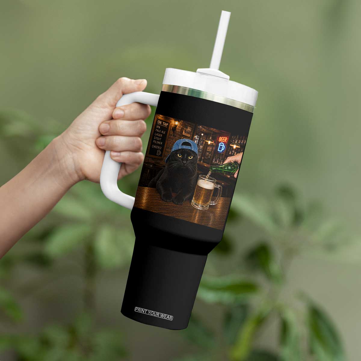 Black Cat Drinking Beer Funny Kitten Meme Tumbler With Handle