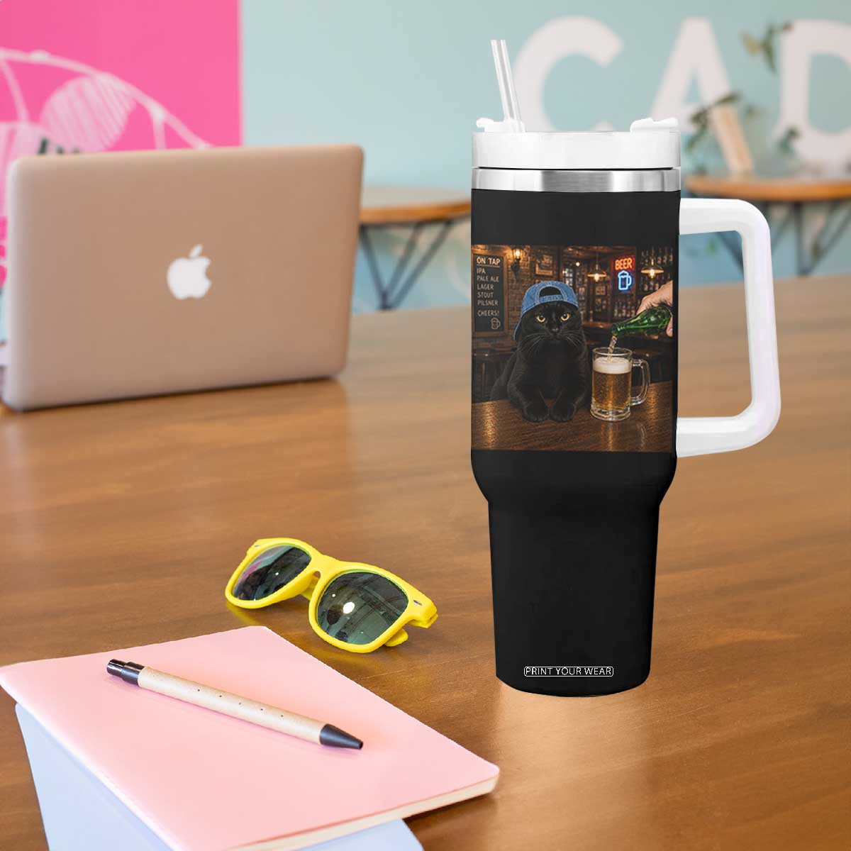 Black Cat Drinking Beer Funny Kitten Meme Tumbler With Handle