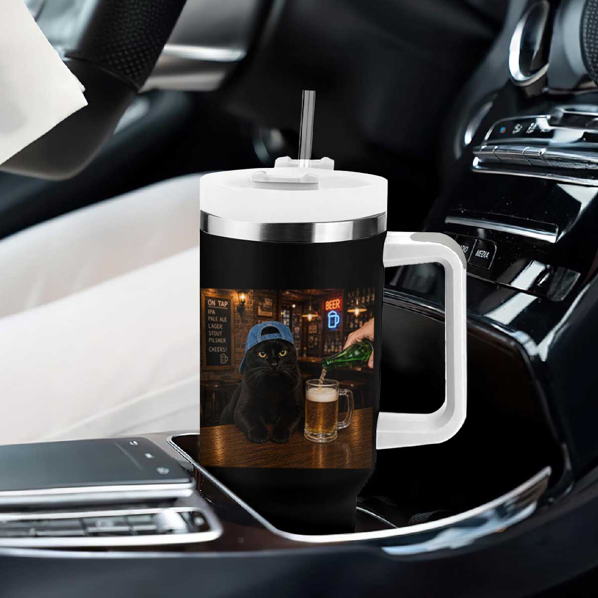 Black Cat Drinking Beer Funny Kitten Meme Tumbler With Handle