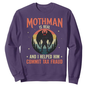 Funny Mothman Is Real And I Helped Him Commit Tax Fraud Sweatshirt Retro Cryptid Cryptozoology TS11 Purple Print Your Wear