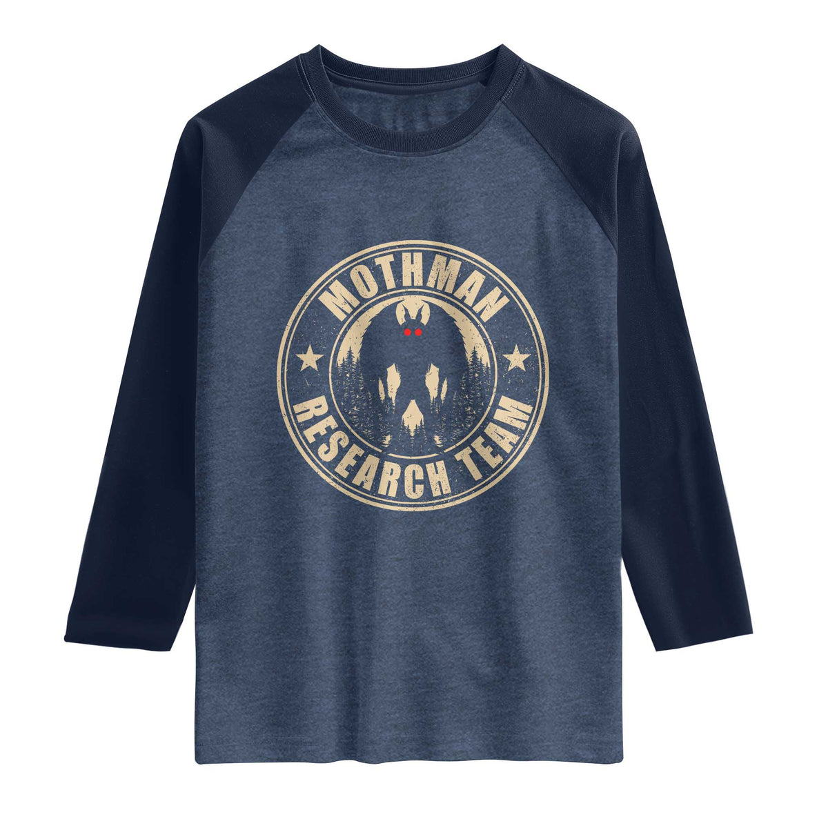 Funny Mothman Research Team Raglan Shirt Cryptozoology Cryptid Hunting TS11 Heather Denim Navy Print Your Wear