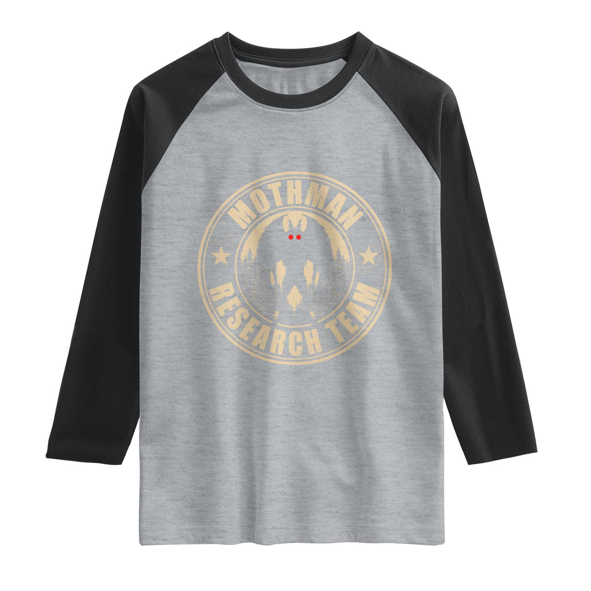 Funny Mothman Research Team Raglan Shirt Cryptozoology Cryptid Hunting TS11 Heather Gray Black Print Your Wear