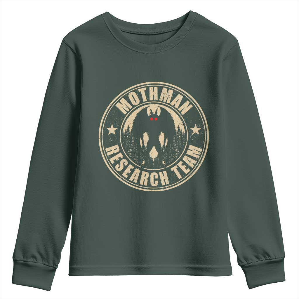 Funny Mothman Research Team Youth Sweatshirt Cryptozoology Cryptid Hunting TS11 Dark Forest Green Print Your Wear