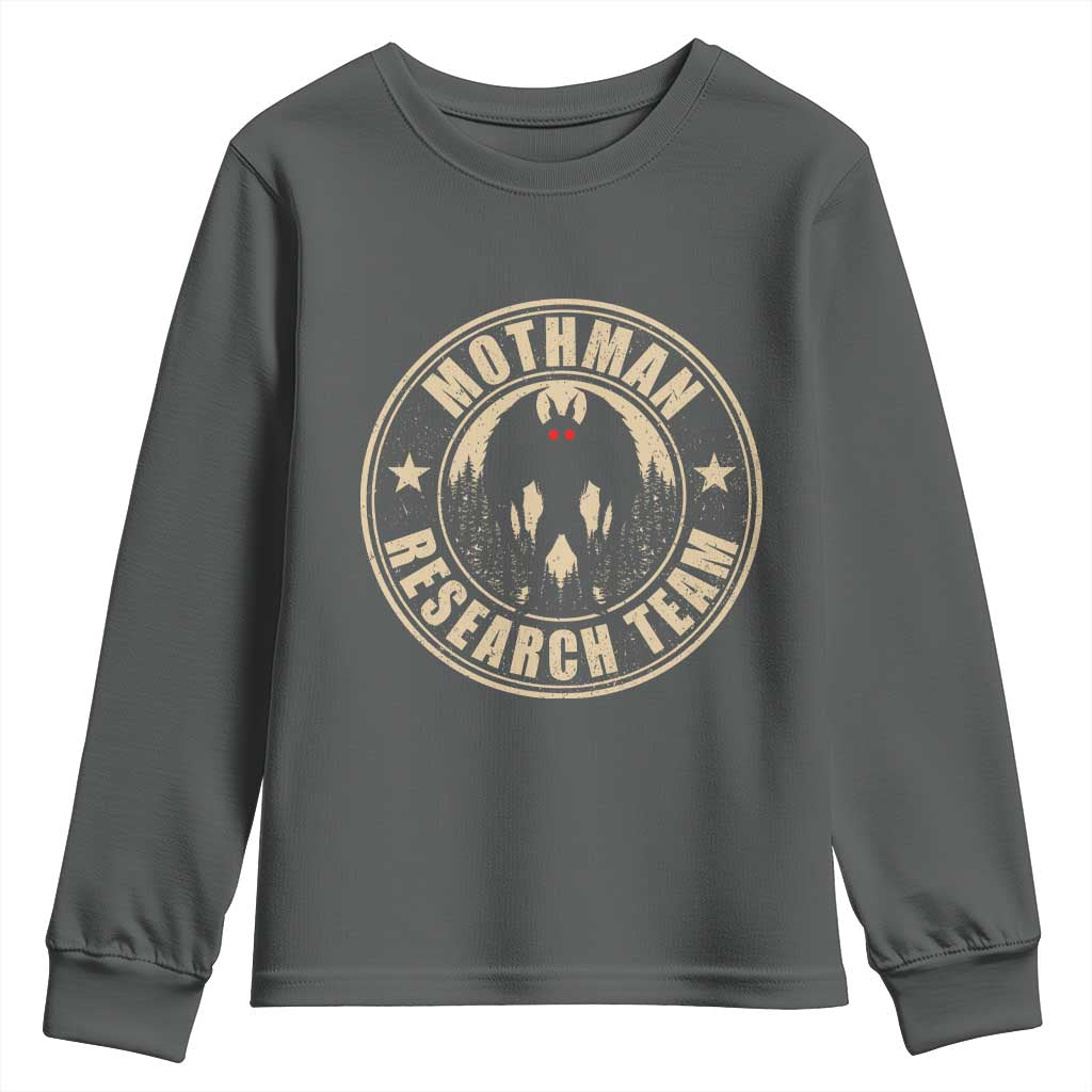 Funny Mothman Research Team Youth Sweatshirt Cryptozoology Cryptid Hunting TS11 Dark Heather Print Your Wear