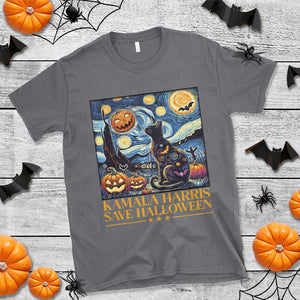 Harris Halloween T Shirt Kamala Harris Save Halloween Starry Night Van Gogh Black Cat Pumpkin Bat TS11 Charcoal Print Your Wear