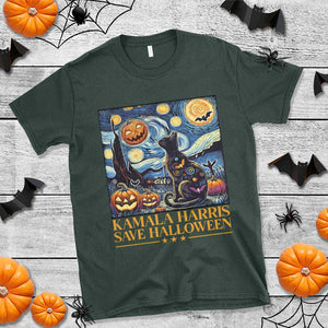 Harris Halloween T Shirt Kamala Harris Save Halloween Starry Night Van Gogh Black Cat Pumpkin Bat TS11 Dark Forest Green Print Your Wear